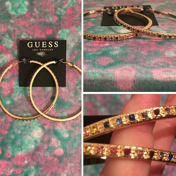 Guess Jewelry - Guess Gold Rainbow Crystal Rhinestone Hoop Earring